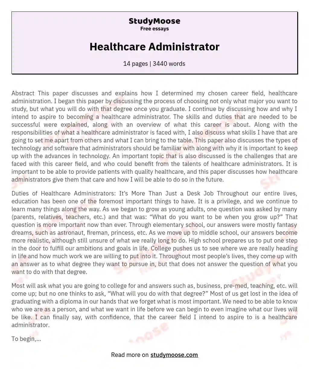 Healthcare Administrator essay