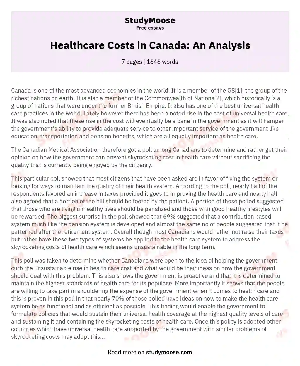 Healthcare Costs in Canada: An Analysis essay