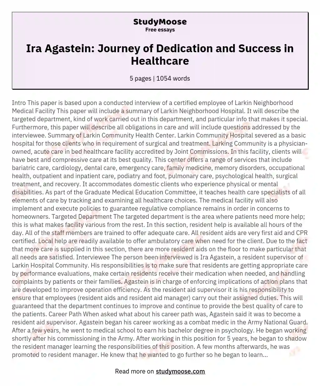 Ira Agastein: Journey of Dedication and Success in Healthcare essay