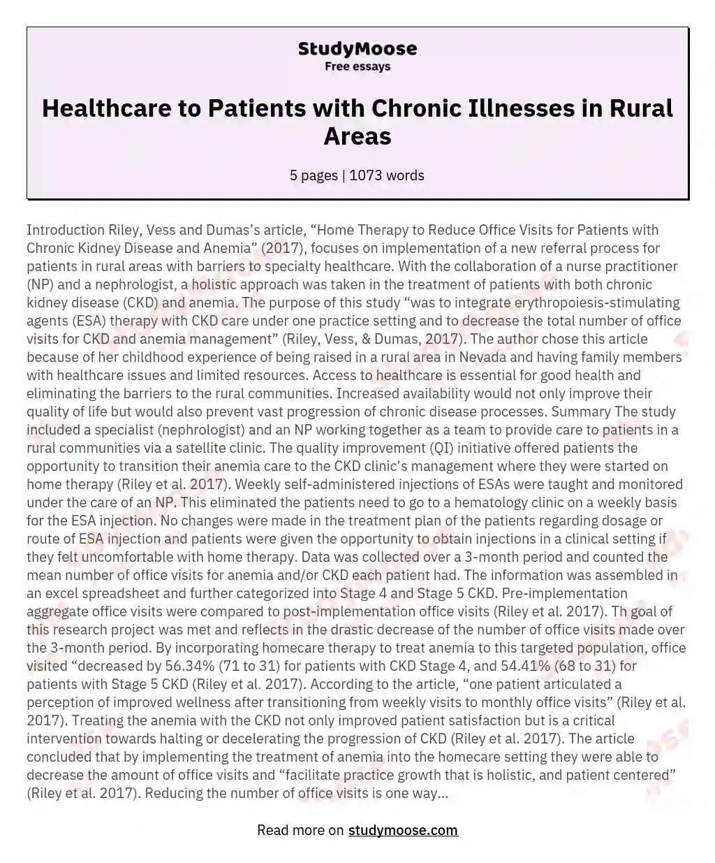 Healthcare to Patients with Chronic Illnesses in Rural Areas essay