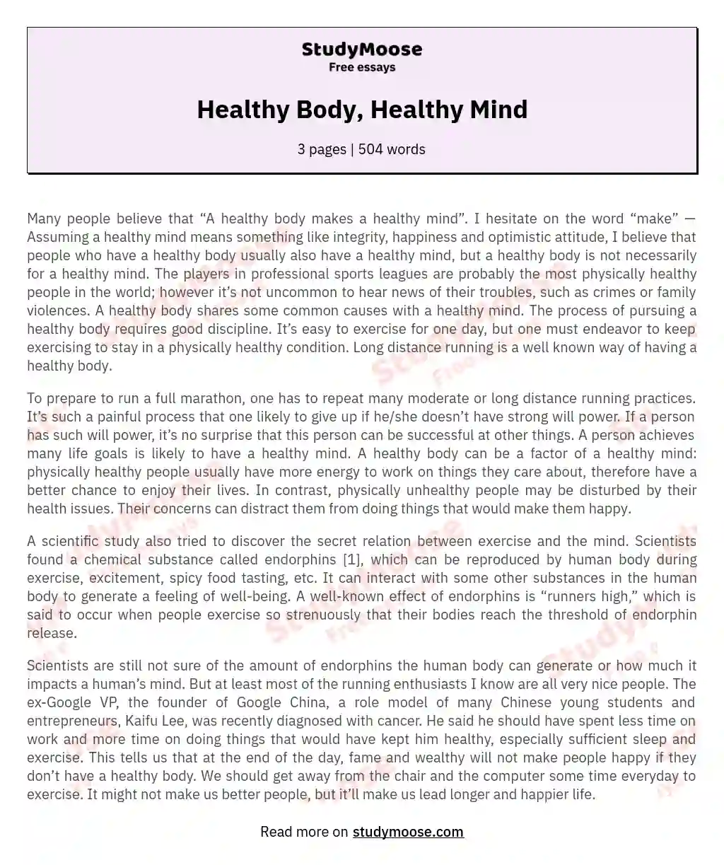 Healthy Body, Healthy Mind essay