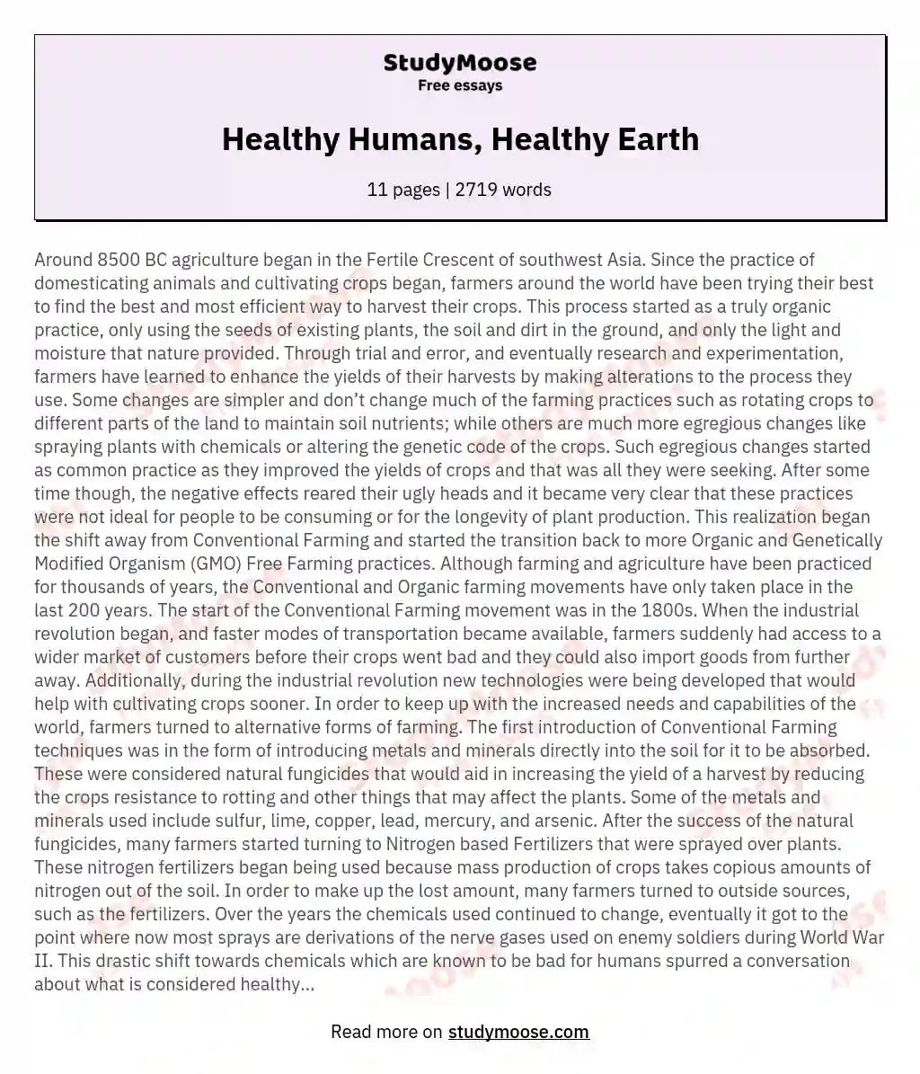Healthy Humans, Healthy Earth essay