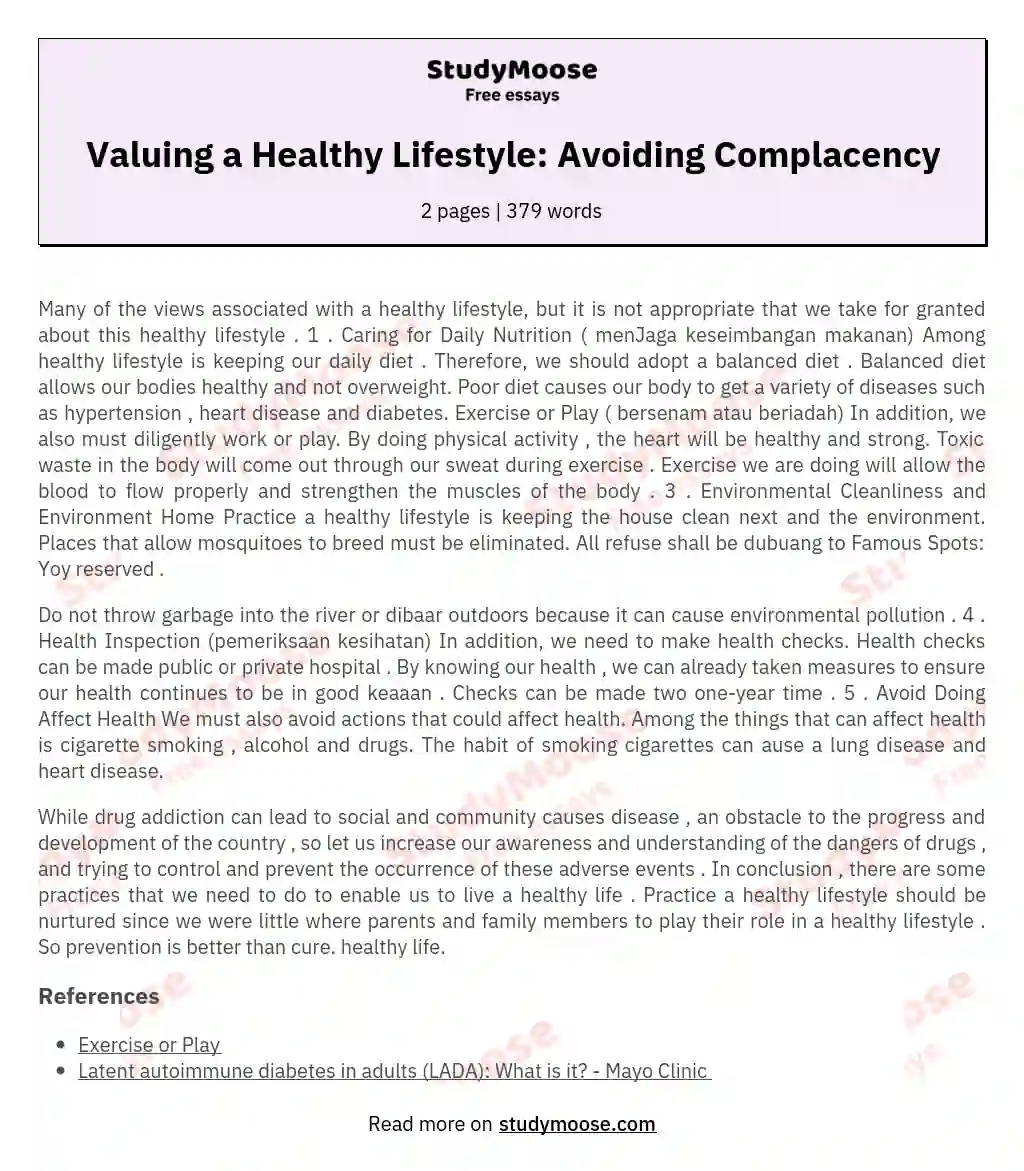 Valuing a Healthy Lifestyle: Avoiding Complacency essay