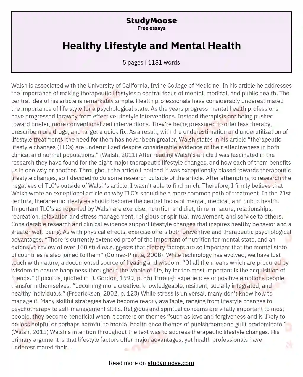 Healthy Lifestyle and Mental Health