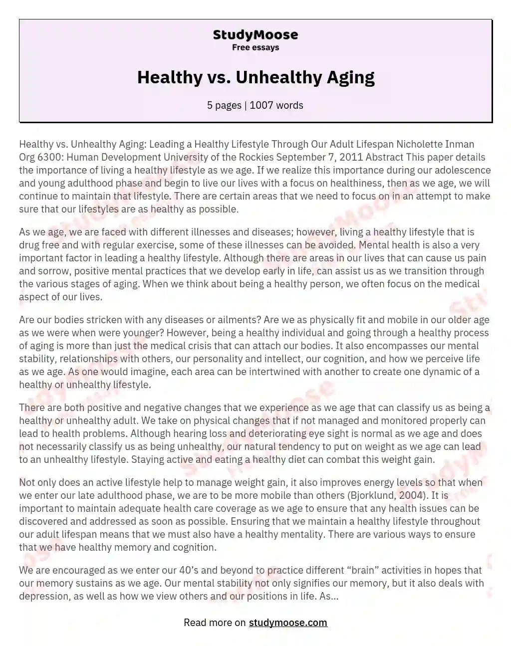 Healthy vs. Unhealthy Aging essay