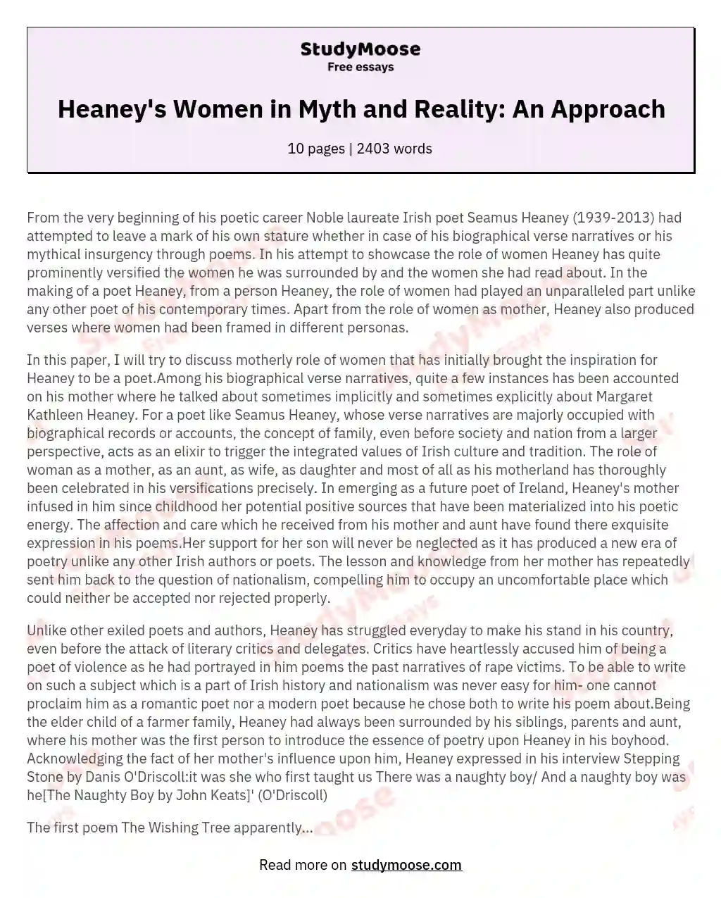 Heaney's Women in Myth and Reality: An Approach essay