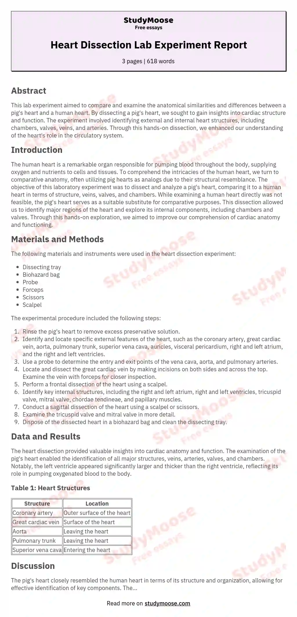 Heart Dissection Lab Experiment Report StudyMoose