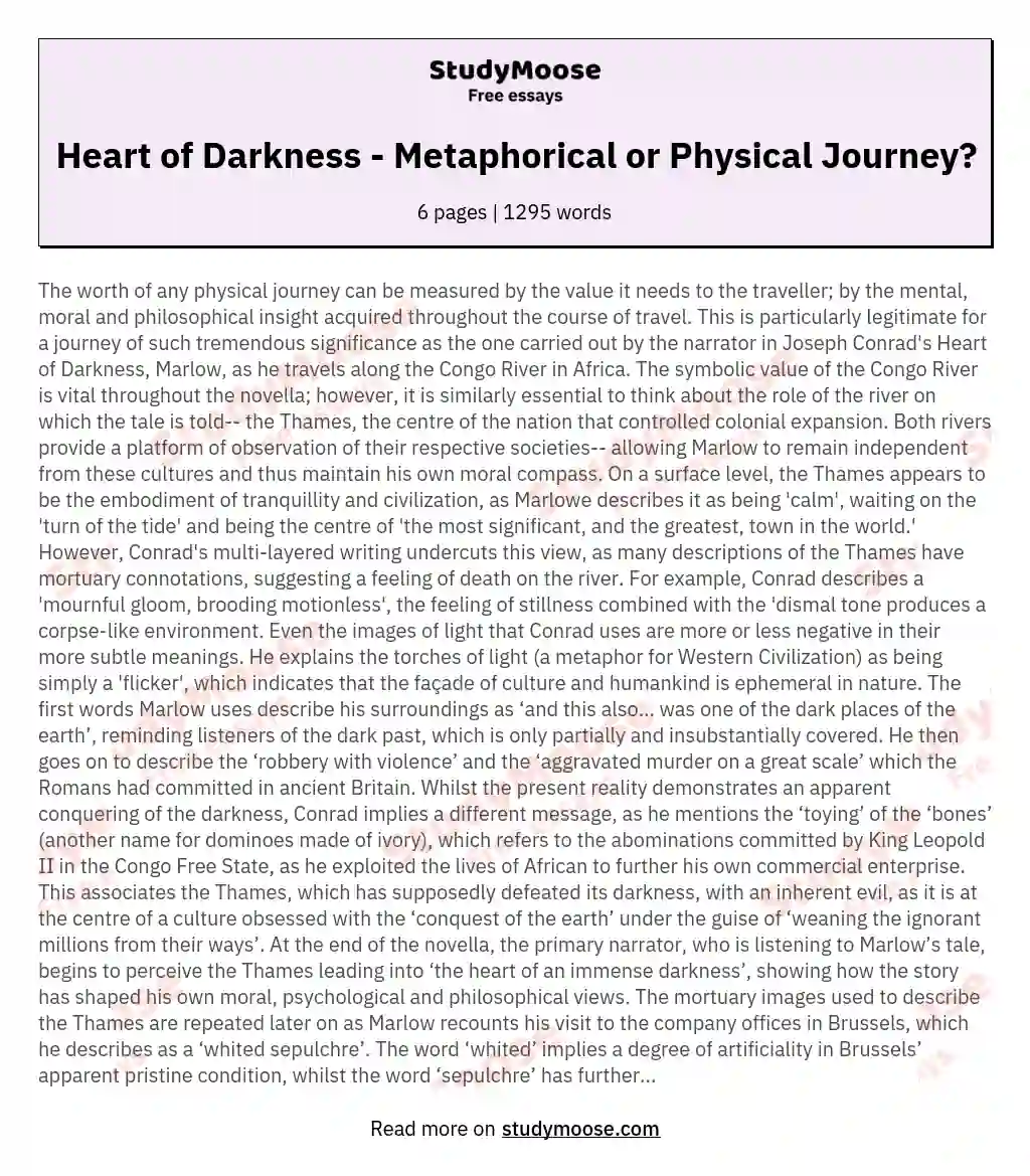 Heart of Darkness - Metaphorical or Physical Journey? essay