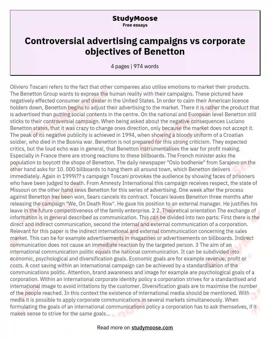 Controversial advertising campaigns vs corporate objectives of Benetton essay