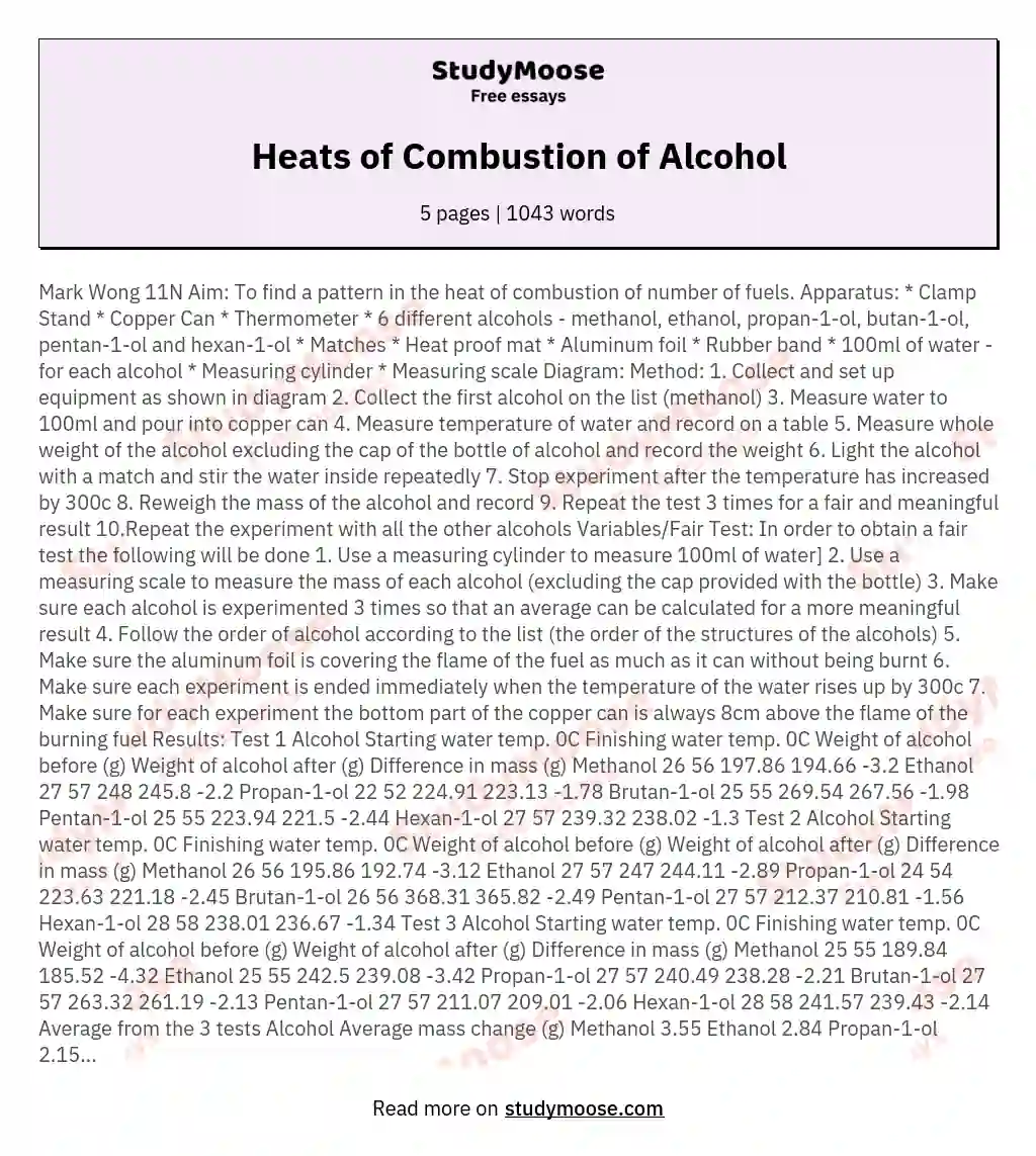 Heats of Combustion of Alcohol