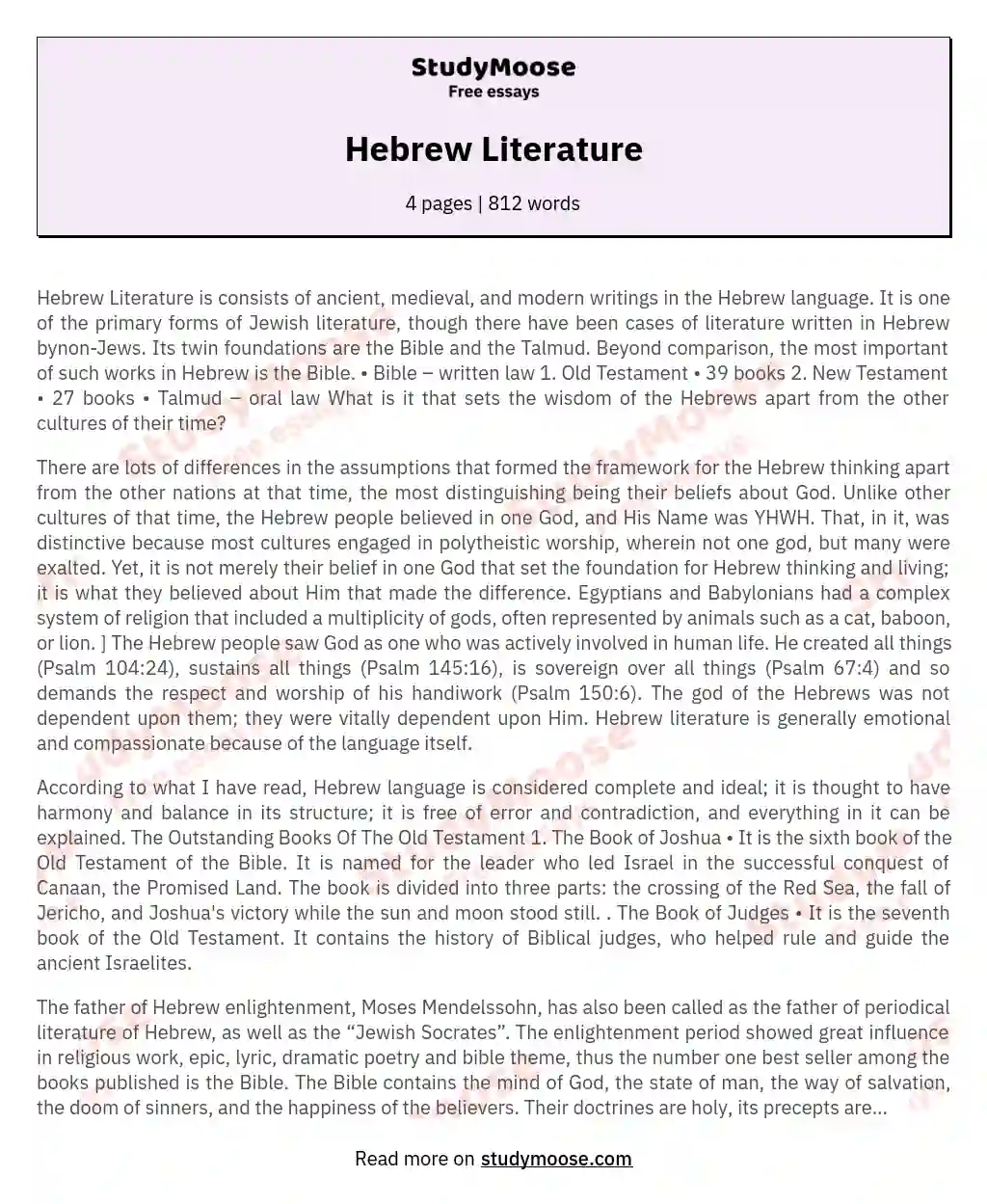 Hebrew Literature Free Essay Example