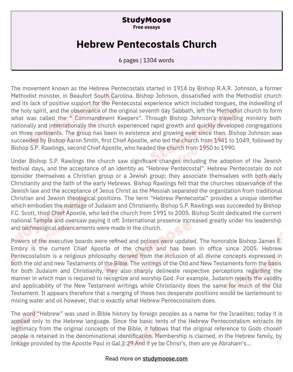 Hebrew Pentecostals Church essay