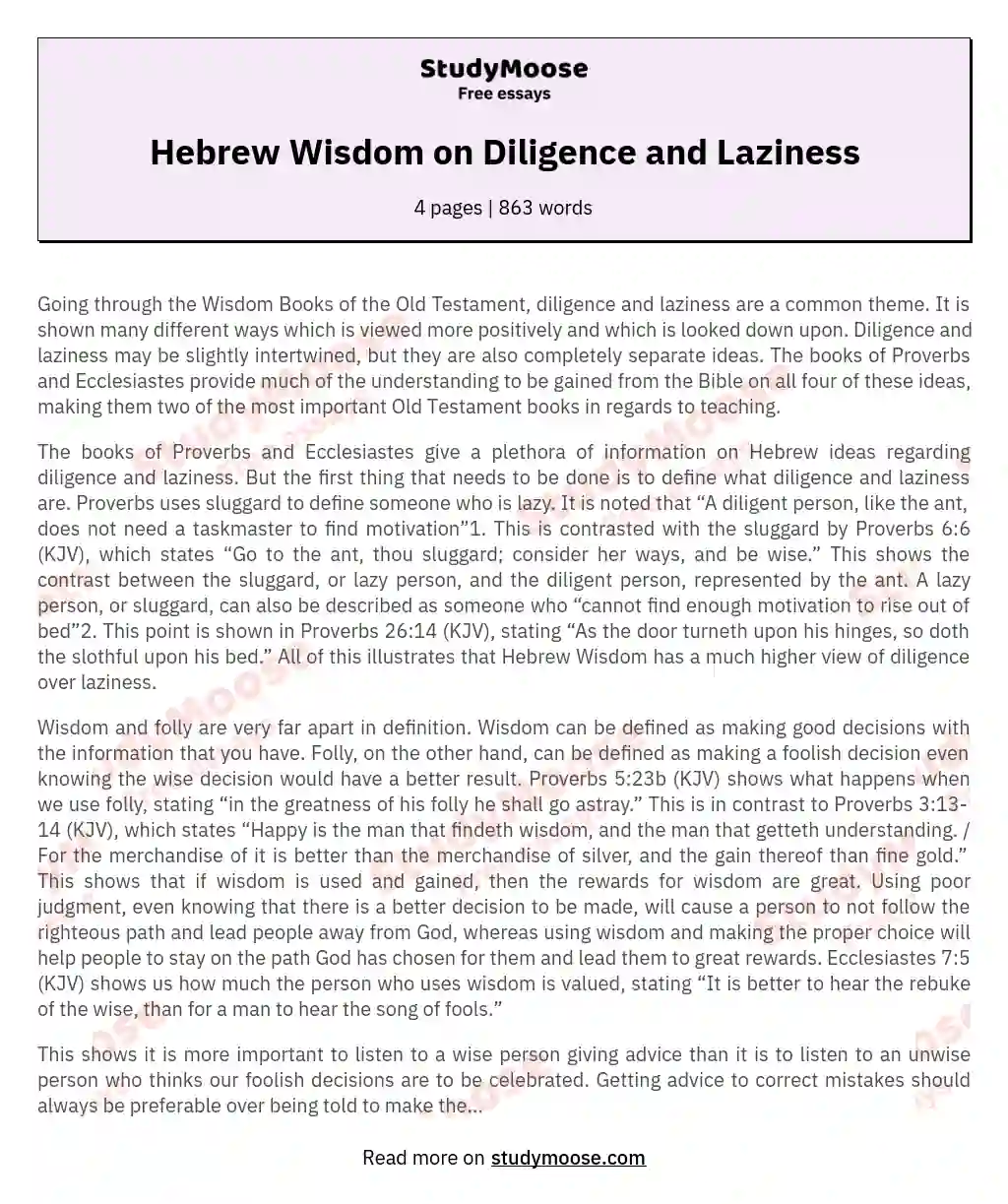 Hebrew Wisdom on Diligence and Laziness