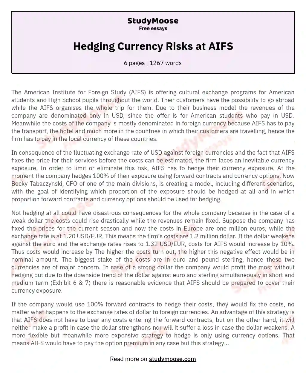 Hedging Currency Risks at AIFS essay