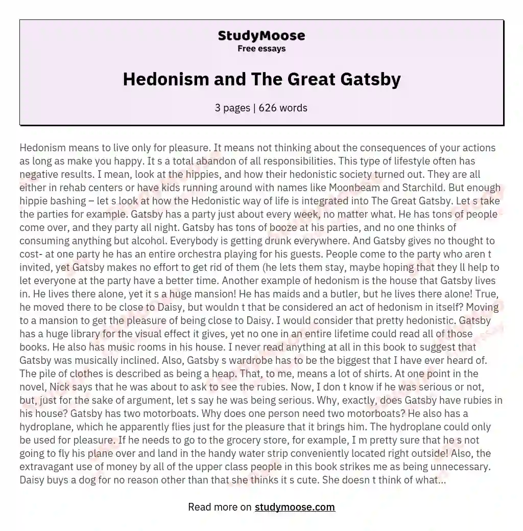 Hedonism and The Great Gatsby essay