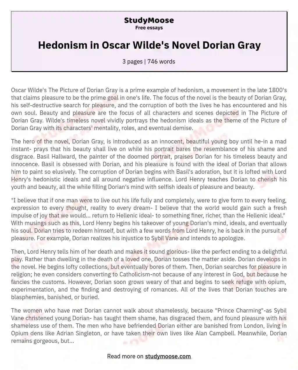 Hedonism in Oscar Wilde's Novel Dorian Gray essay