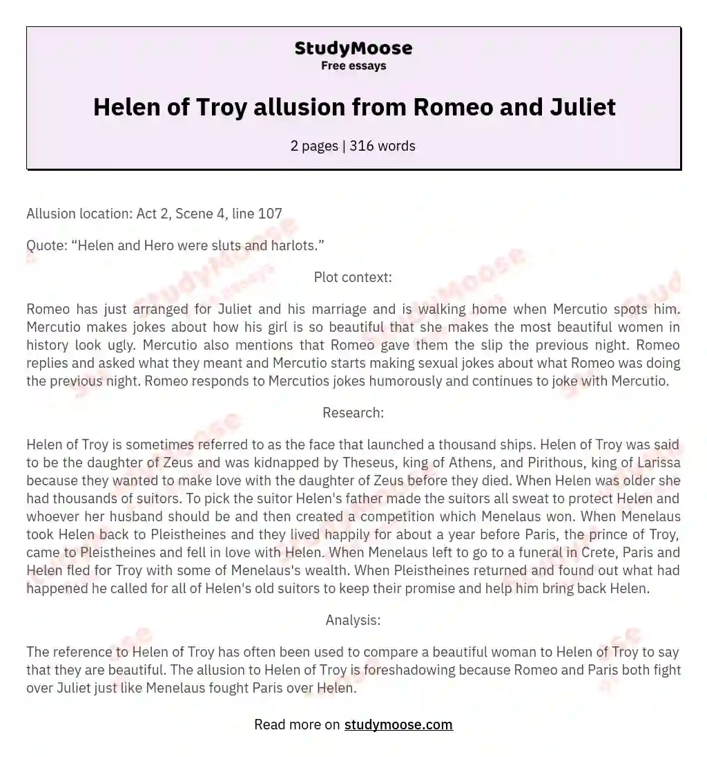 Helen of Troy allusion from Romeo and Juliet essay