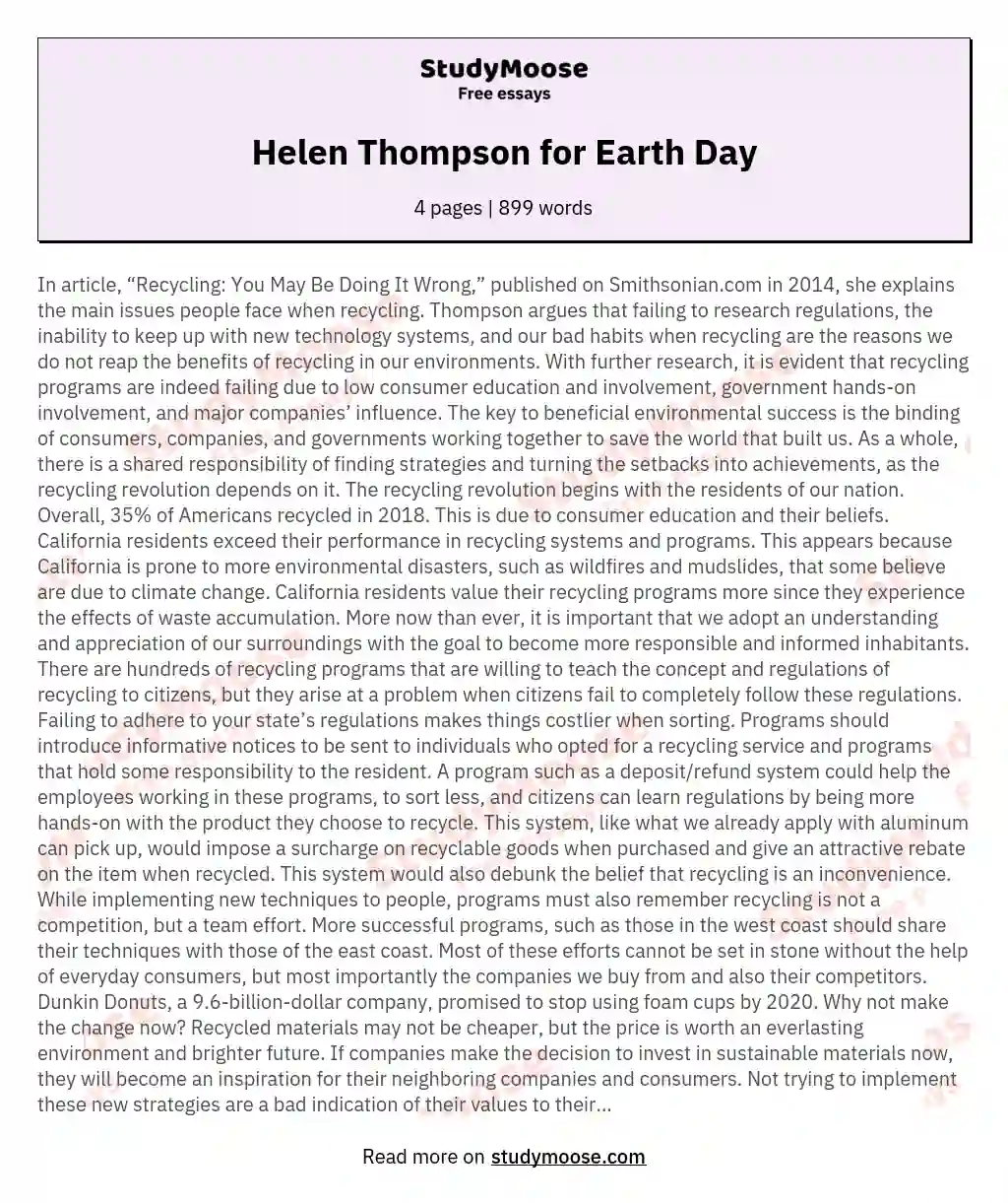 Helen Thompson for Earth Day essay
