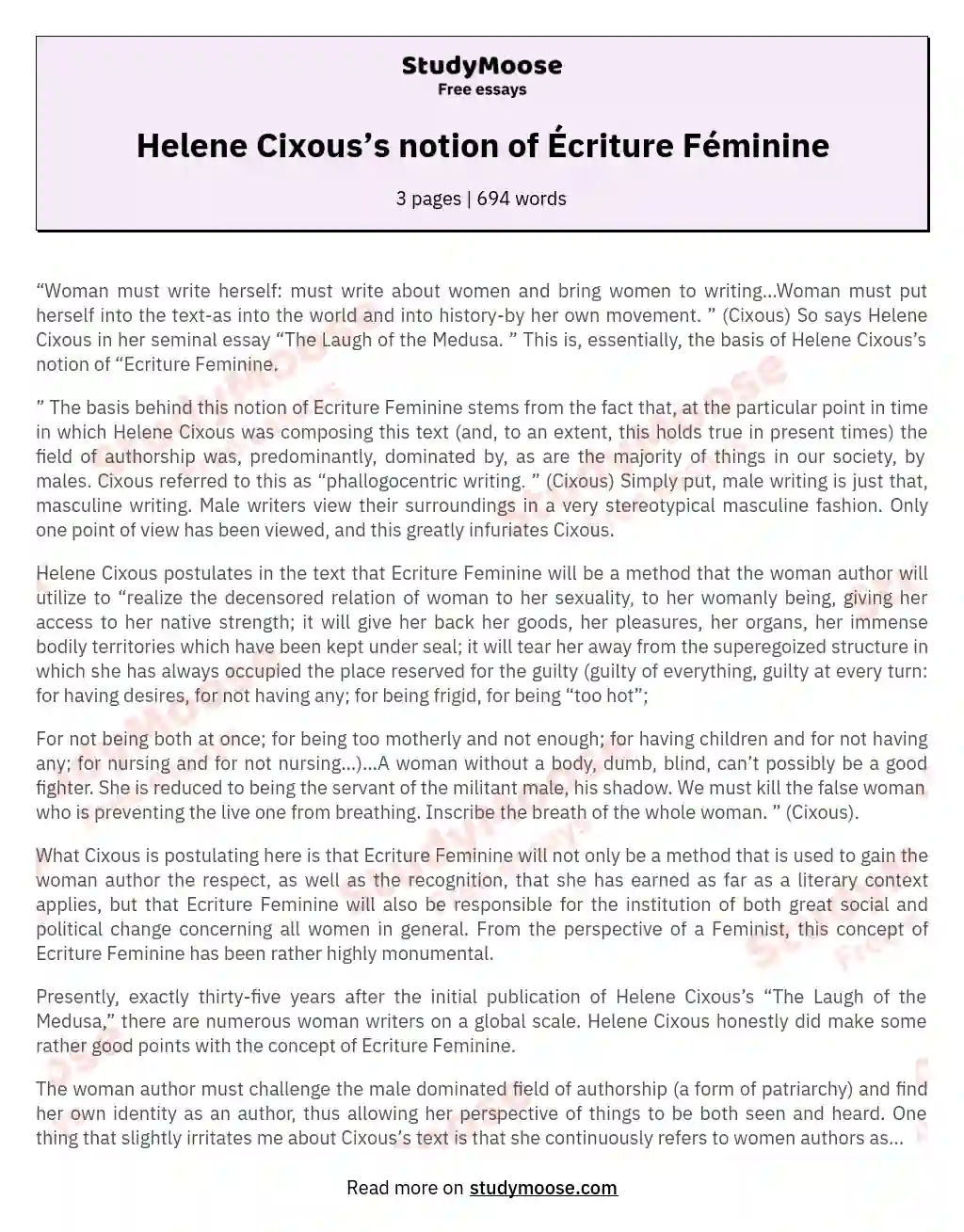 Helene Cixous’s notion of Écriture Féminine essay