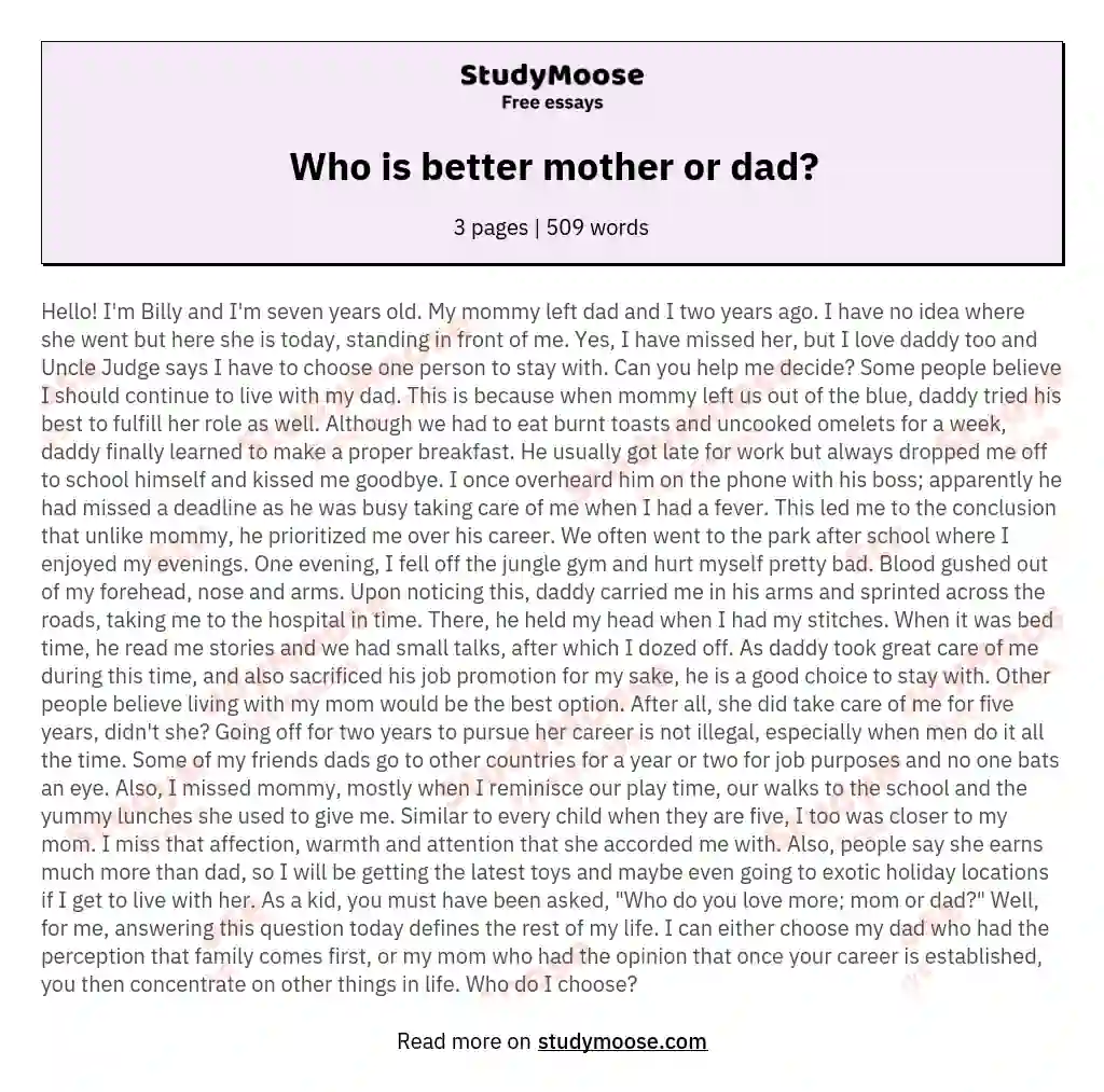 Who is better mother or dad? essay