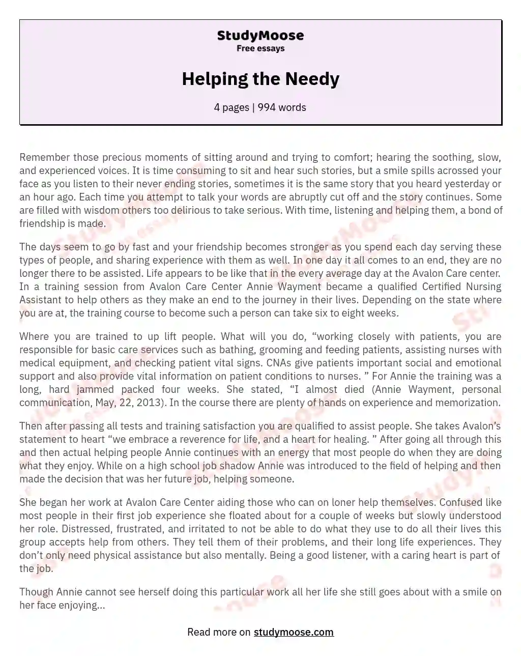 essay on helping needy families