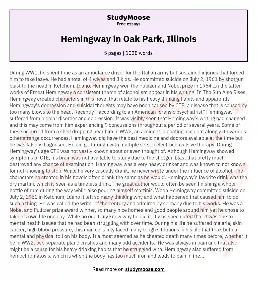 Hemingway in Oak Park, Illinois essay