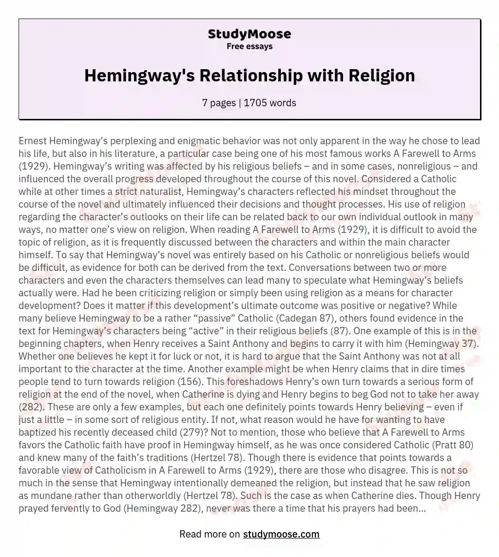 Hemingway's Relationship with Religion essay