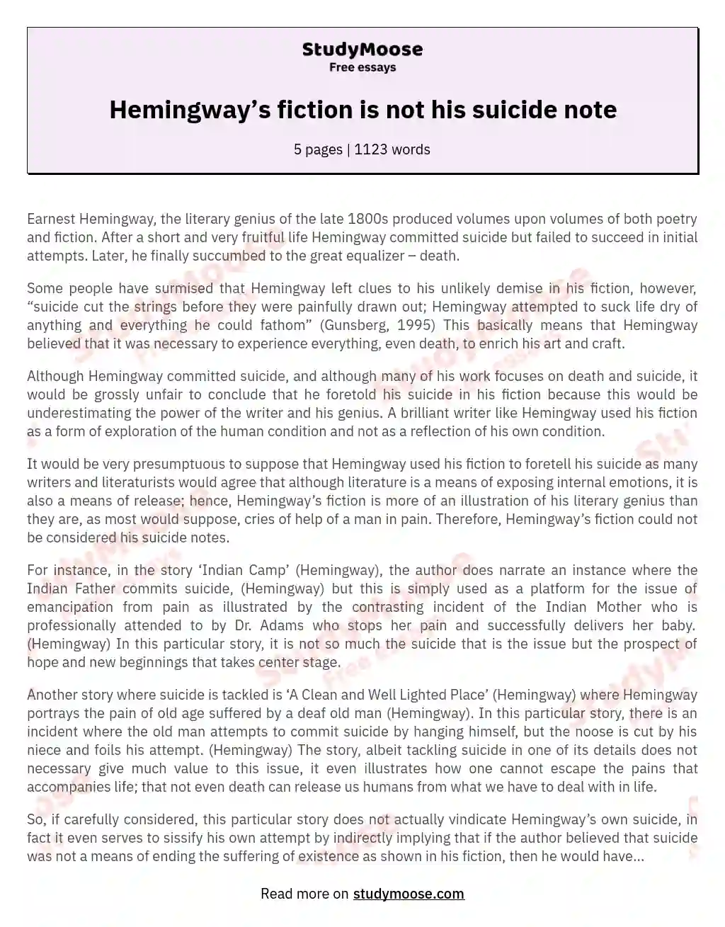 Hemingway’s fiction is not his suicide note essay