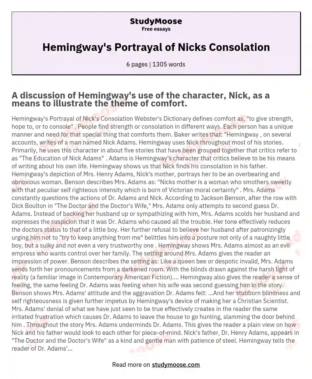 Hemingway's Portrayal of Nicks Consolation essay