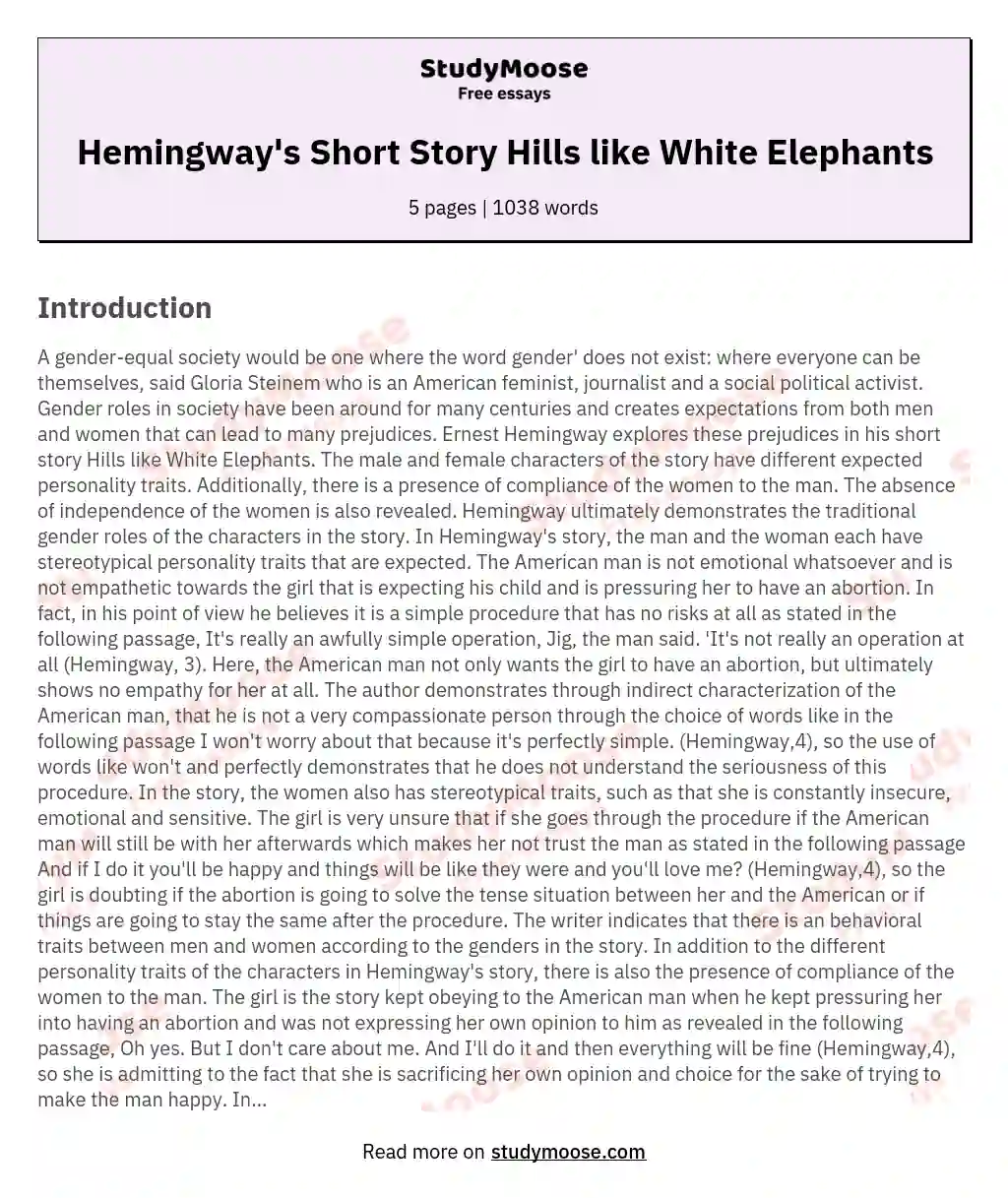 Hemingway's Short Story Hills like White Elephants essay