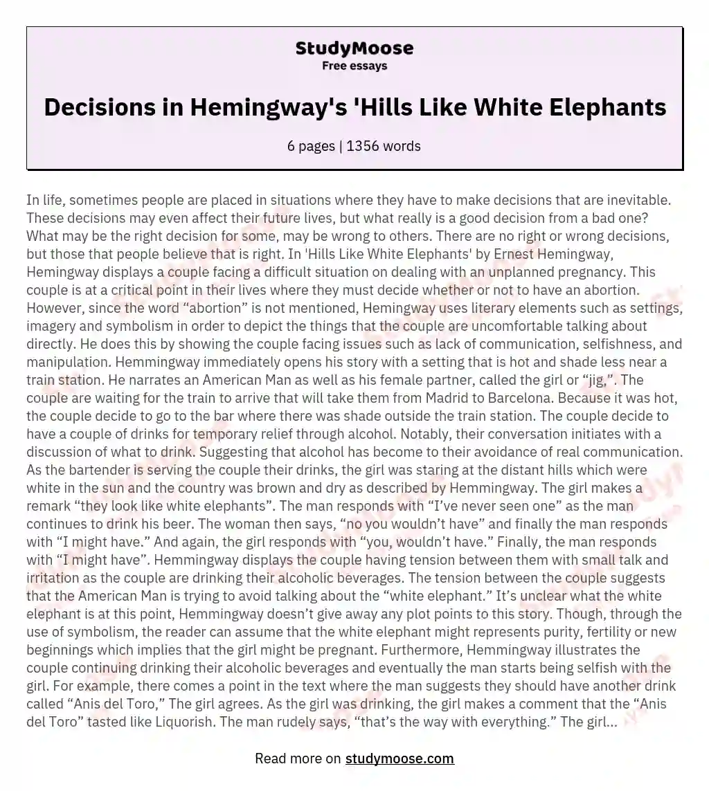 Decisions in Hemingway's 'Hills Like White Elephants essay