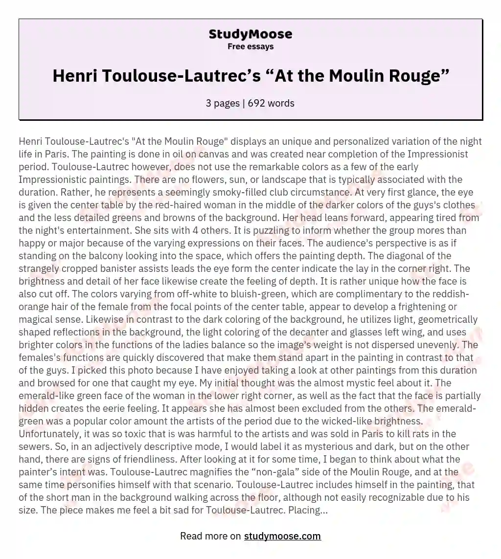 Henri Toulouse-Lautrec’s “At the Moulin Rouge” essay