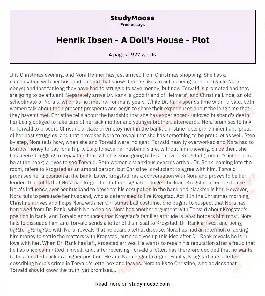 Henrik Ibsen - A Doll's House - Plot essay