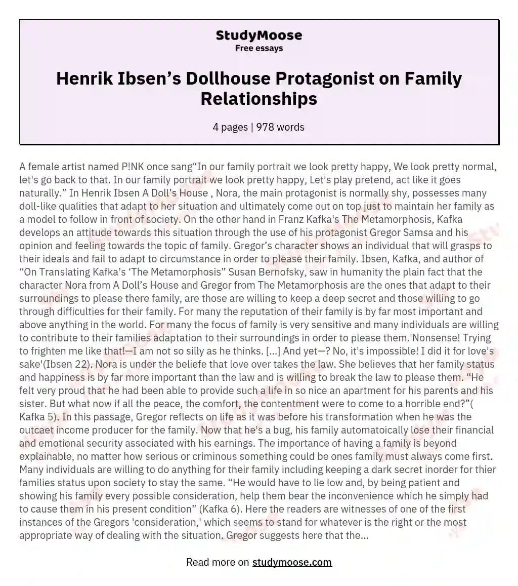 Henrik Ibsen’s Dollhouse Protagonist on Family Relationships essay