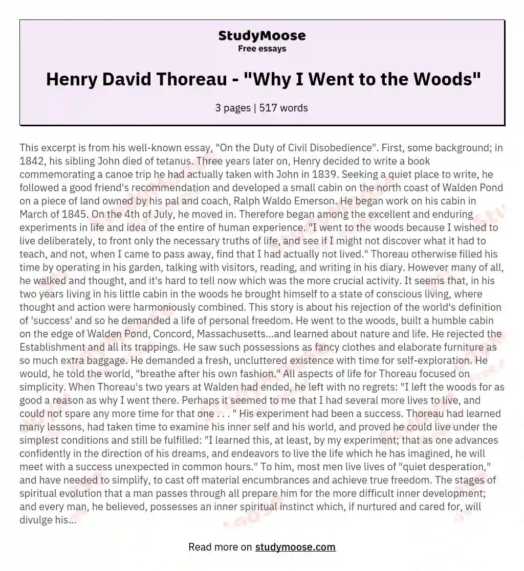 Henry David Thoreau - "Why I Went to the Woods" essay