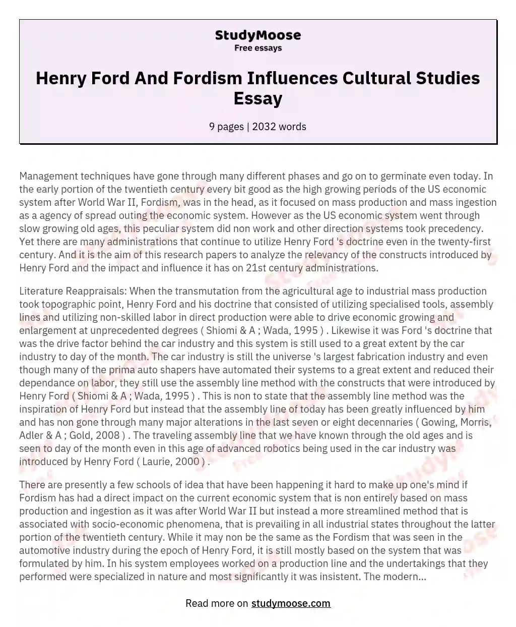 Henry Ford And Fordism Influences Cultural Studies Essay