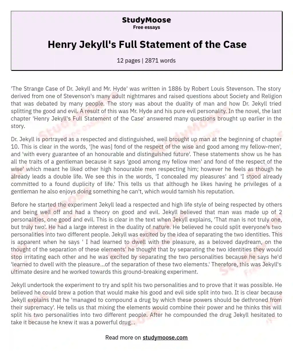 Henry Jekyll's Full Statement of the Case essay