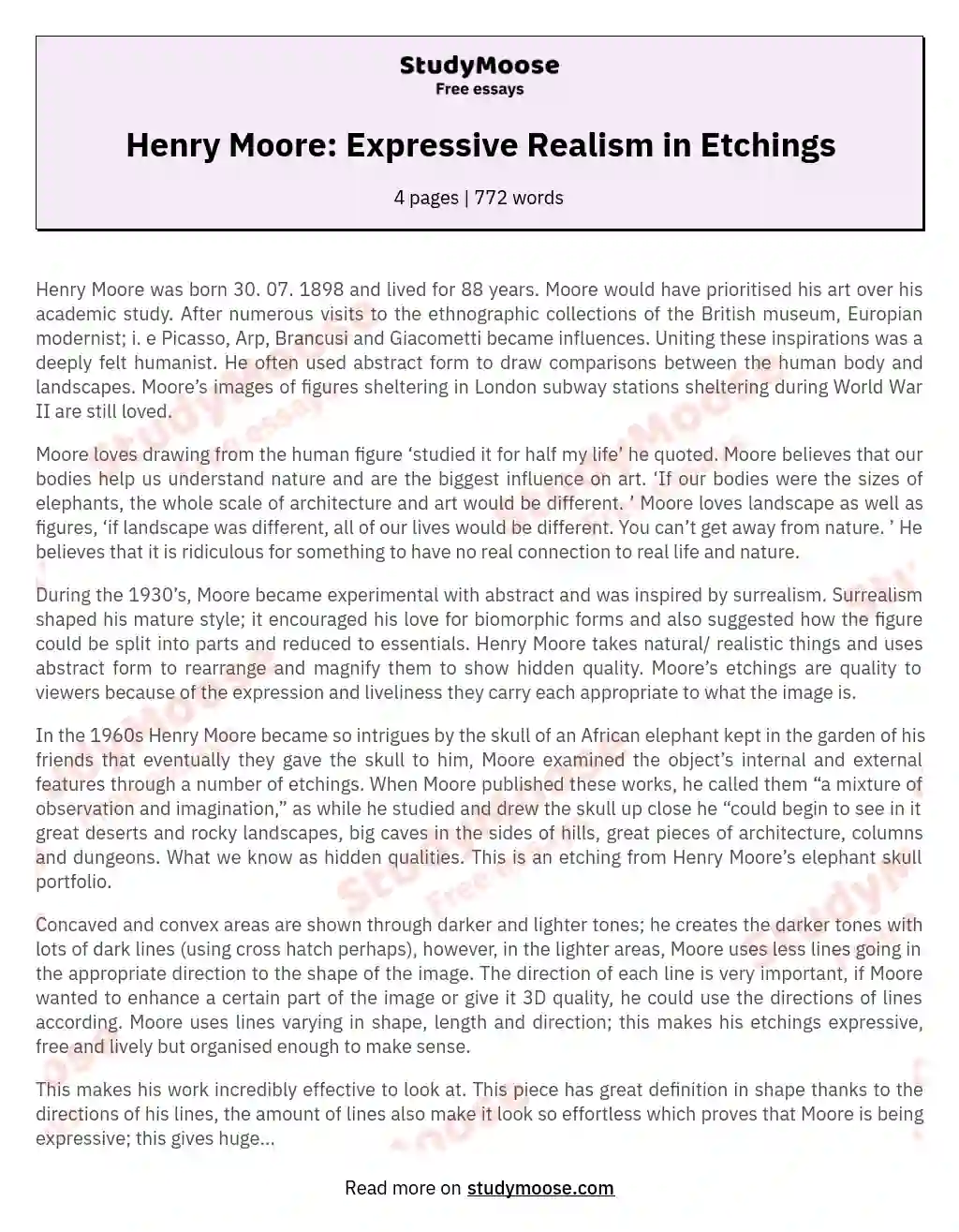 Henry Moore: Expressive Realism in Etchings essay