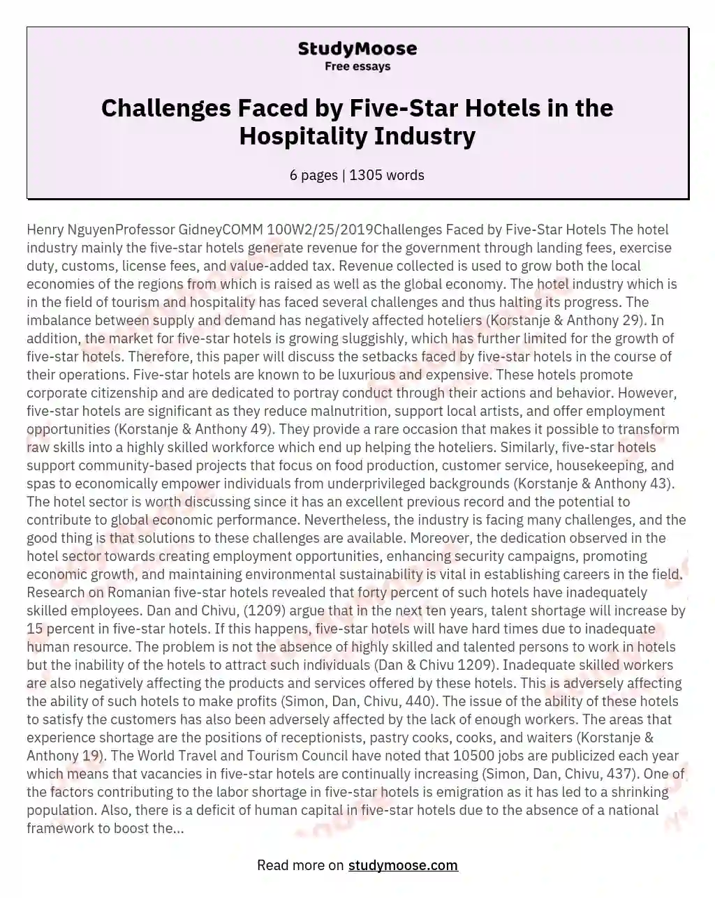 Challenges Faced by Five-Star Hotels in the Hospitality Industry essay