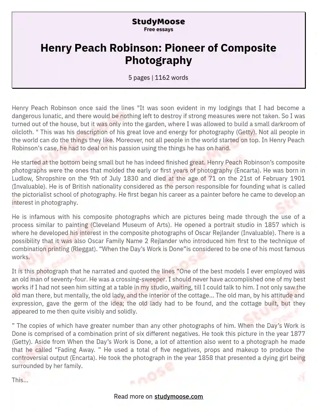 Henry Peach Robinson: Pioneer of Composite Photography essay