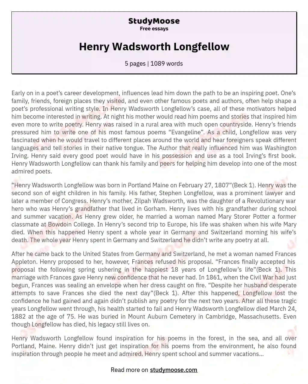 Henry Wadsworth Longfellow essay