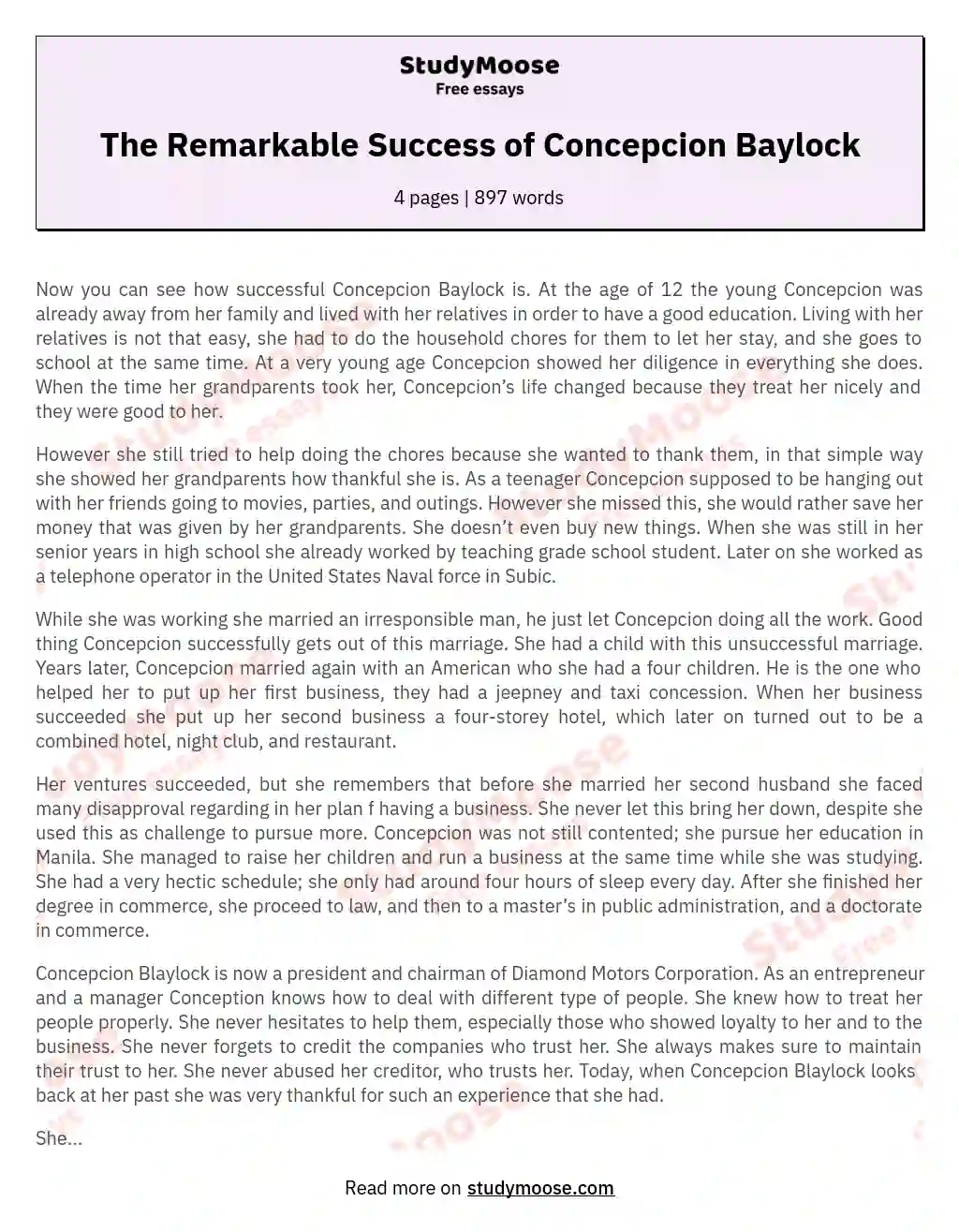 The Remarkable Success of Concepcion Baylock essay