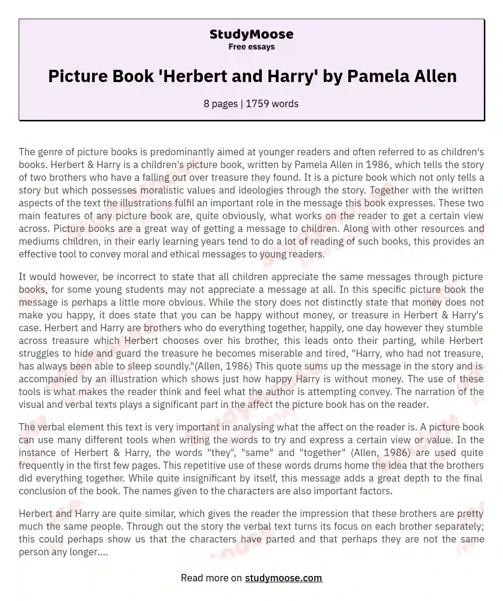 Picture Book 'Herbert and Harry' by Pamela Allen essay