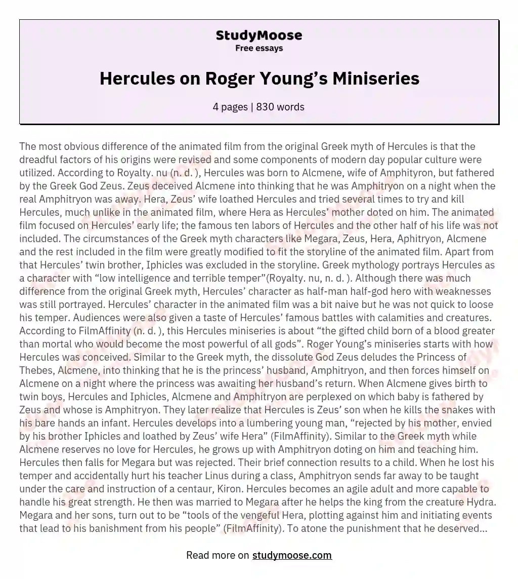 Hercules on Roger Young’s Miniseries essay