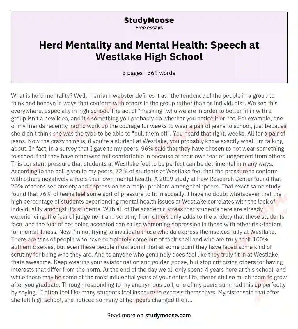 Herd Mentality and Mental Health: Speech at Westlake High School essay