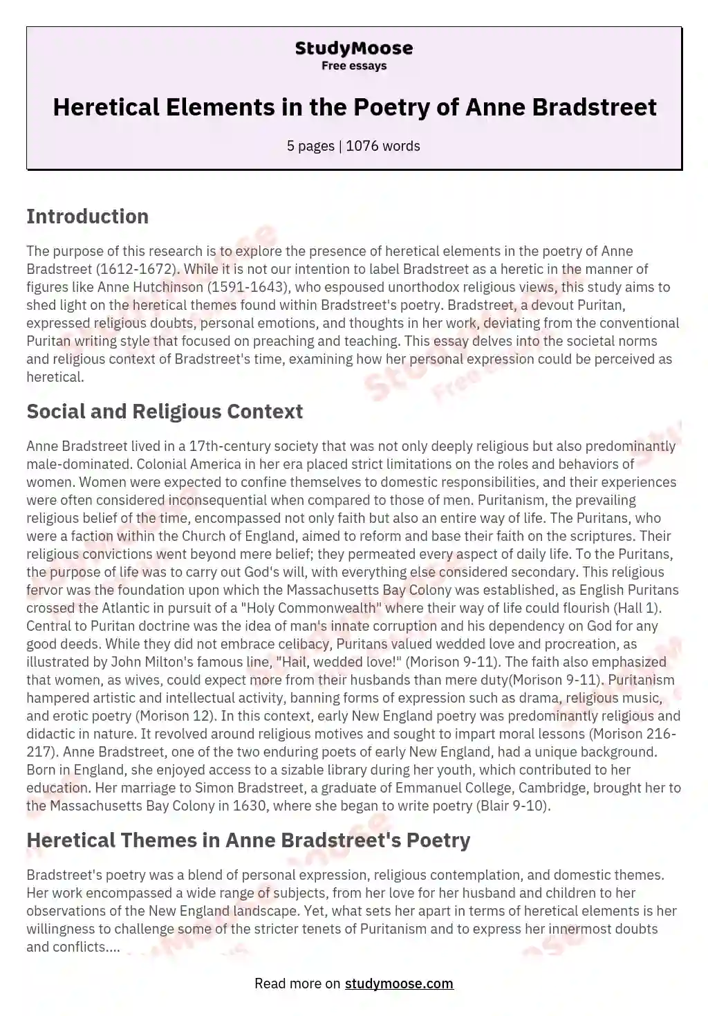 Heretical Elements in the Poetry of Anne Bradstreet essay