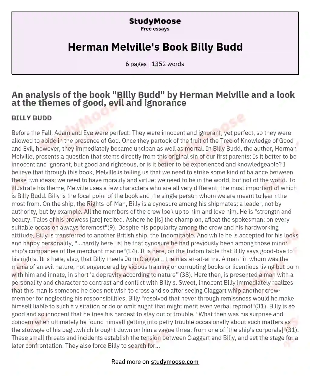 Herman Melville's Book Billy Budd essay