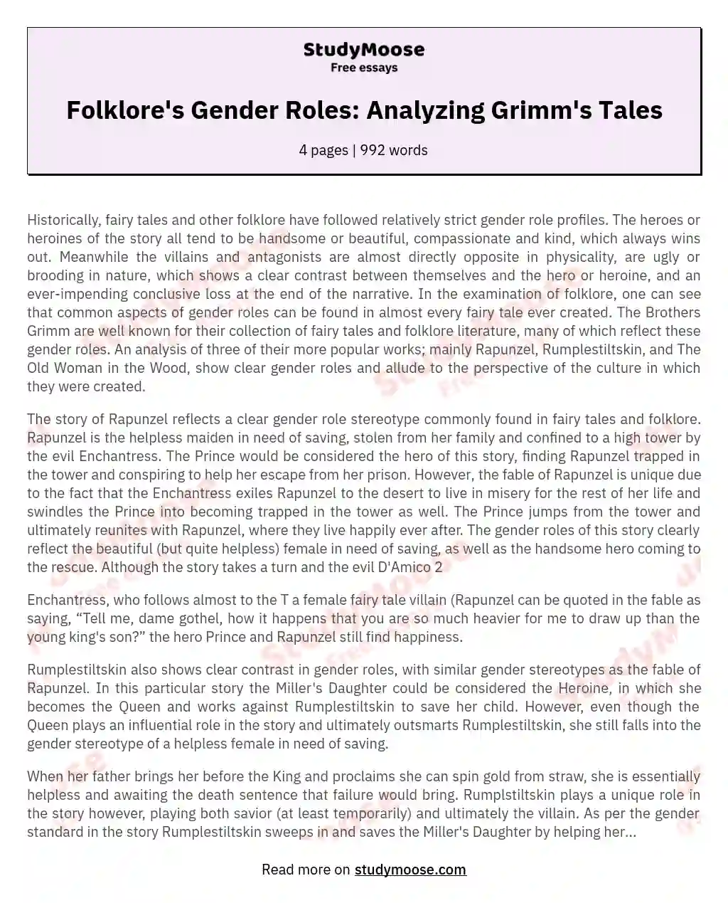 Folklore's Gender Roles: Analyzing Grimm's Tales essay
