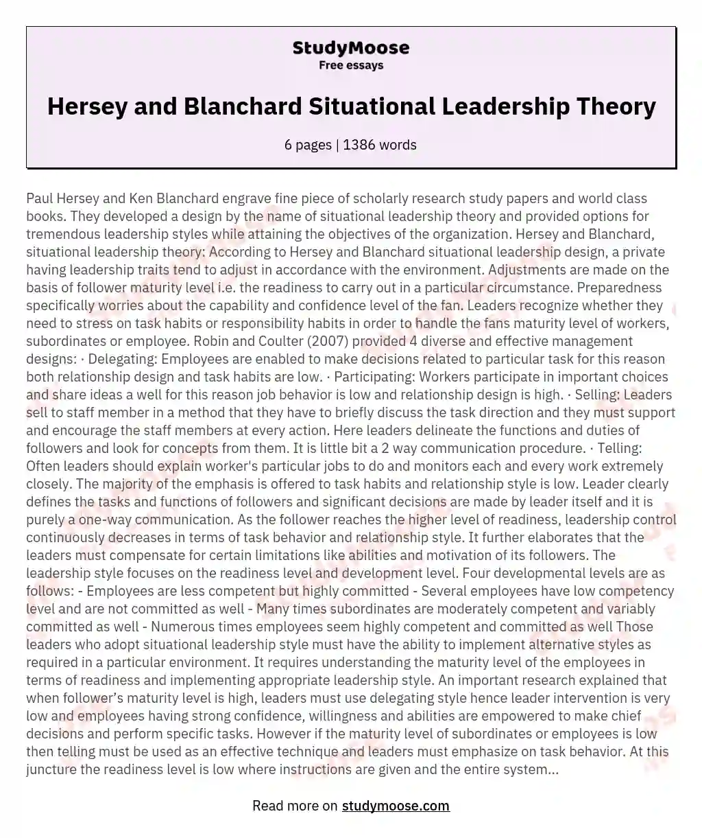 Hersey and Blanchard Situational Leadership Theory