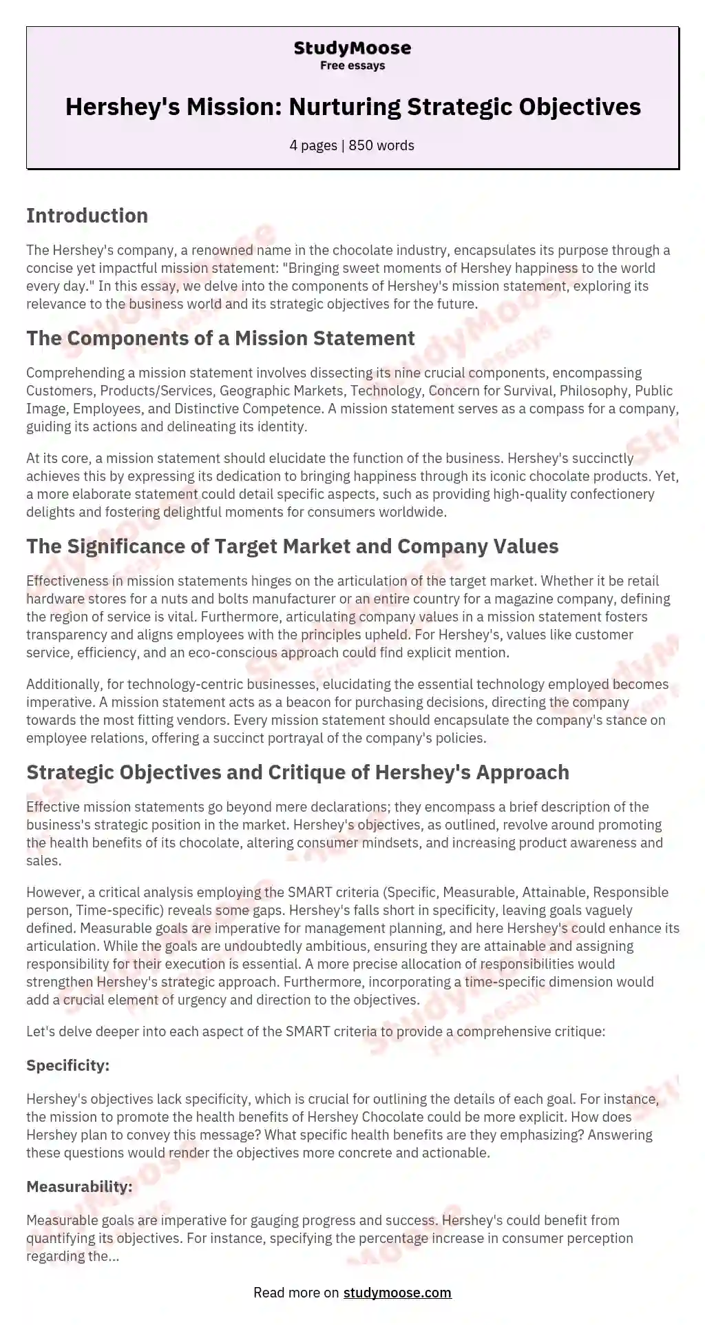 Hershey's Mission: Nurturing Strategic Objectives essay